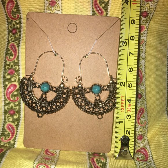 Vintage Semi Circle Leaf Bohemian Blue Stone Drop Earring NWOT - Picture 3 of 4